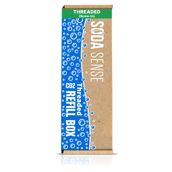A Soda Sense CO2 Refill Box labeled 'Threaded' with a green stripe at the top. The box features blue bubbles and white text.