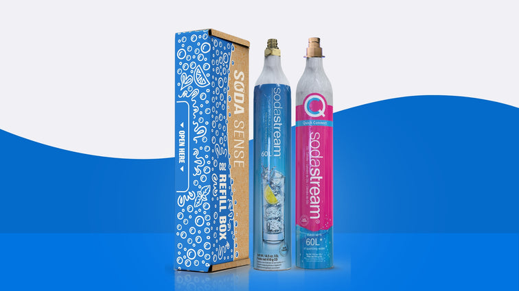 Image of a Soda Sense Refill Box alongside empty SodaStream canisters, set against a gray and blue wave background.