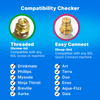 Compatibility Checker for CO2 canisters. Two types shown: Threaded (Screw-In) with a green border, compatible with any 60L screw-in machine, and Easy Connect (Snap-On) with a red border, compatible with any 60L Quick Connect machine. Compatible brands for Threaded include Drinkmate, Phillips, Mysoda, Ninja Thirsti, Breville, and Aarke. Compatible brands for Easy Connect include Art, Terra, Duo, Enso, Aqua-Fizz, and Gaia.