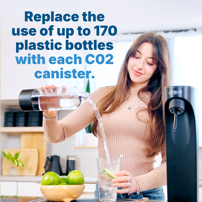 Young woman in a kitchen pouring sparkling water from a reusable bottle into a glass, next to a SodaStream machine. Text reads: 'Replace the use of up to 170 plastic bottles with each CO2 canister.' A bowl of limes sits on the counter in front of her.