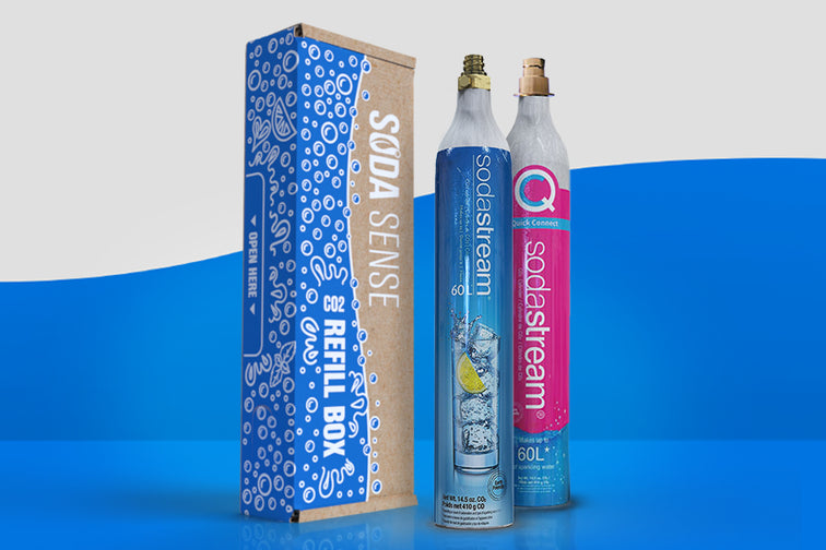 A Soda Sense refill box with two Sodastream CO2 canisters, showcasing the compatibility of the refill service with different brands.
