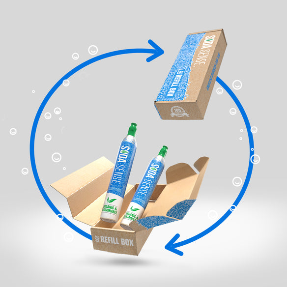 Soda Sense CO2 canisters being placed into a cardboard refill box that is part of a recycling program, illustrating the reuse and recycling process.