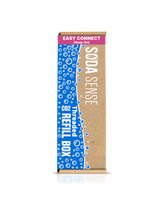 A Soda Sense CO2 Refill Box labeled 'Easy Connect' with a pink stripe at the top. The box features blue bubbles and white text.
