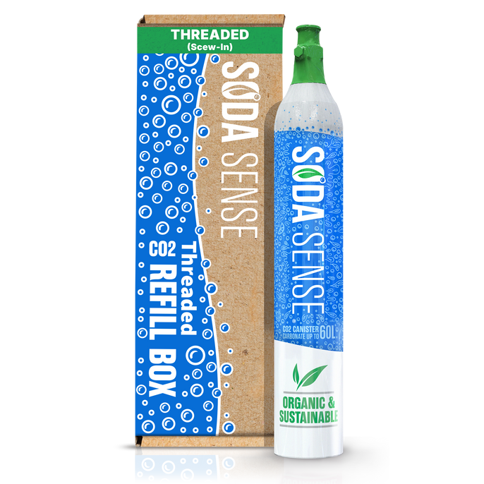 A threaded Soda Sense CO2 refill canister stands next to a cardboard refill box and a shipping label