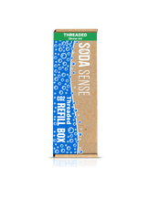A Soda Sense CO2 Refill Box labeled 'Threaded' with a green stripe at the top. The box features blue bubbles and white text.