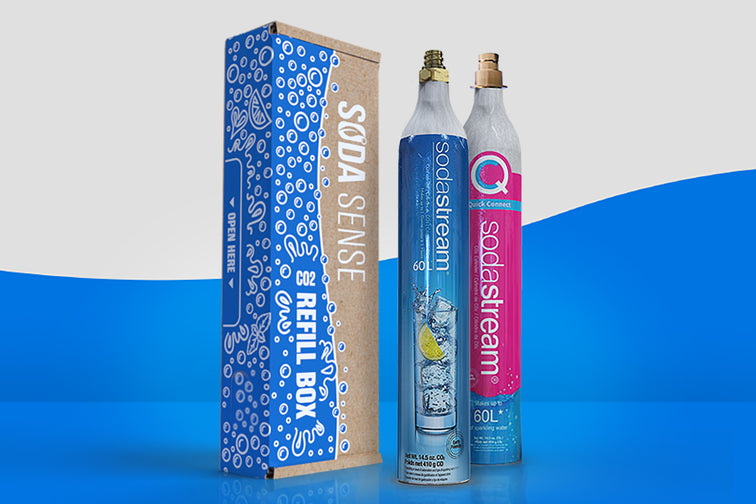 A Soda Sense refill box with two Sodastream CO2 canisters, showcasing the compatibility of the refill service with different brands.