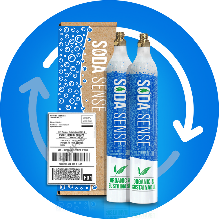 A Soda Sense refill box with two Sodastream CO2 canisters, showcasing the compatibility of the refill service with different brands.