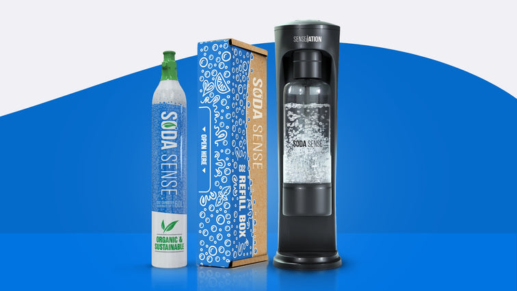 Image of a Soda Sense SENSEation 1 Threaded Canister Bundle against a gray and blue wave background.