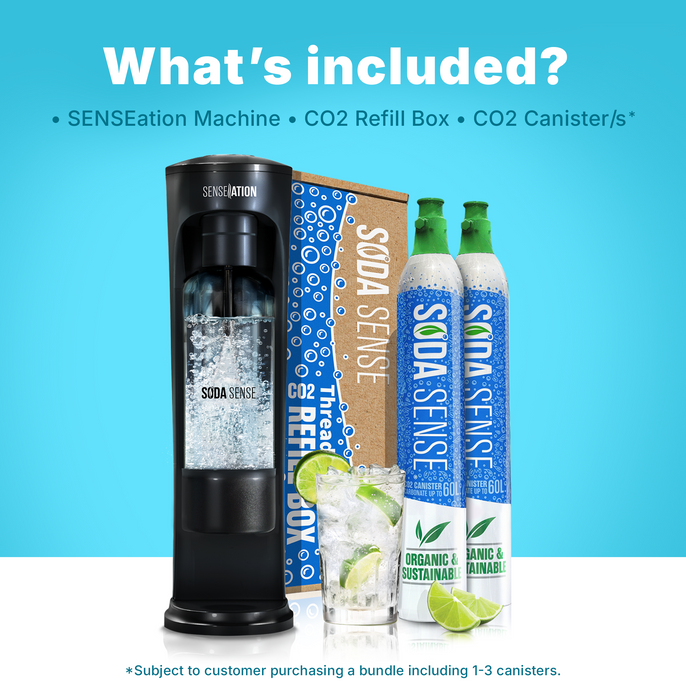 Black Soda Sense SENSEation sparkling water maker with a clear, carbonated water bottle, shown next to its retail packaging featuring the same device and blue branding.