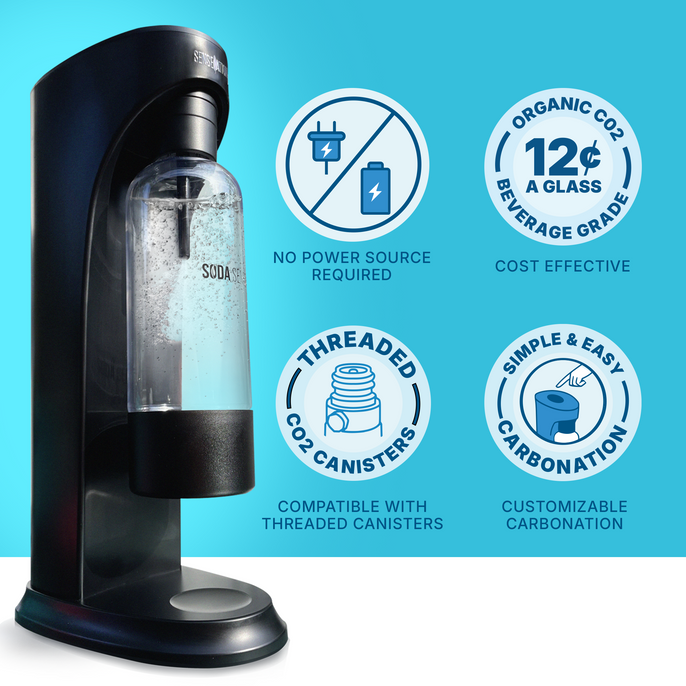 Soda Sense SENSEation soda maker with a clear carbonated bottle, a blue CO₂ refill box, and a Soda Sense organic & sustainable CO₂ canister displayed on a kitchen counter. Text on the left reads, 