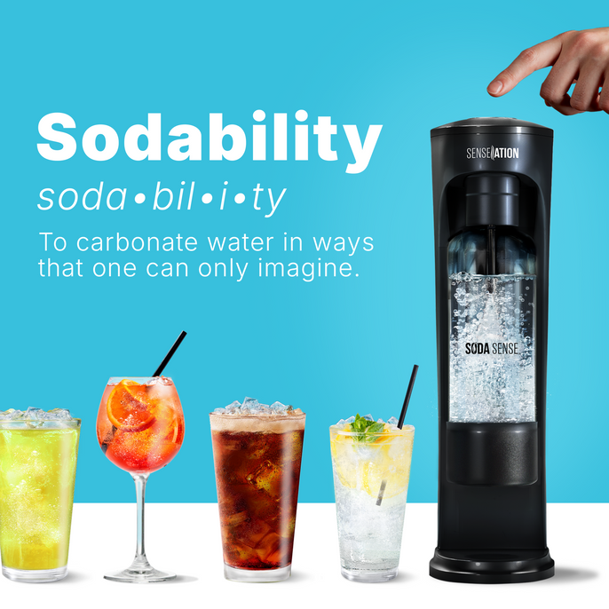 Soda Sense SENSEation soda maker with a clear carbonated bottle on a kitchen counter. Text on the image reads, 