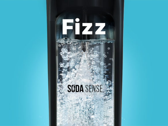 Close-up of a Soda Sense bottle filled with sparkling water and rising bubbles, with the word 