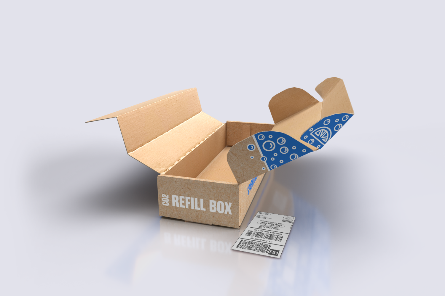 An open cardboard CO2 refill box from Soda Sense with a shipping label displayed for easy and convenient exchanges.